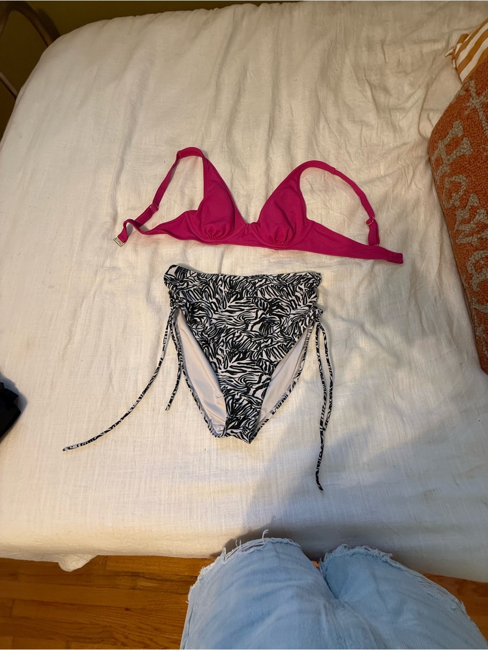 Hot Pink Bikini Top with Black & White Leaf Print High-Waist Bottoms